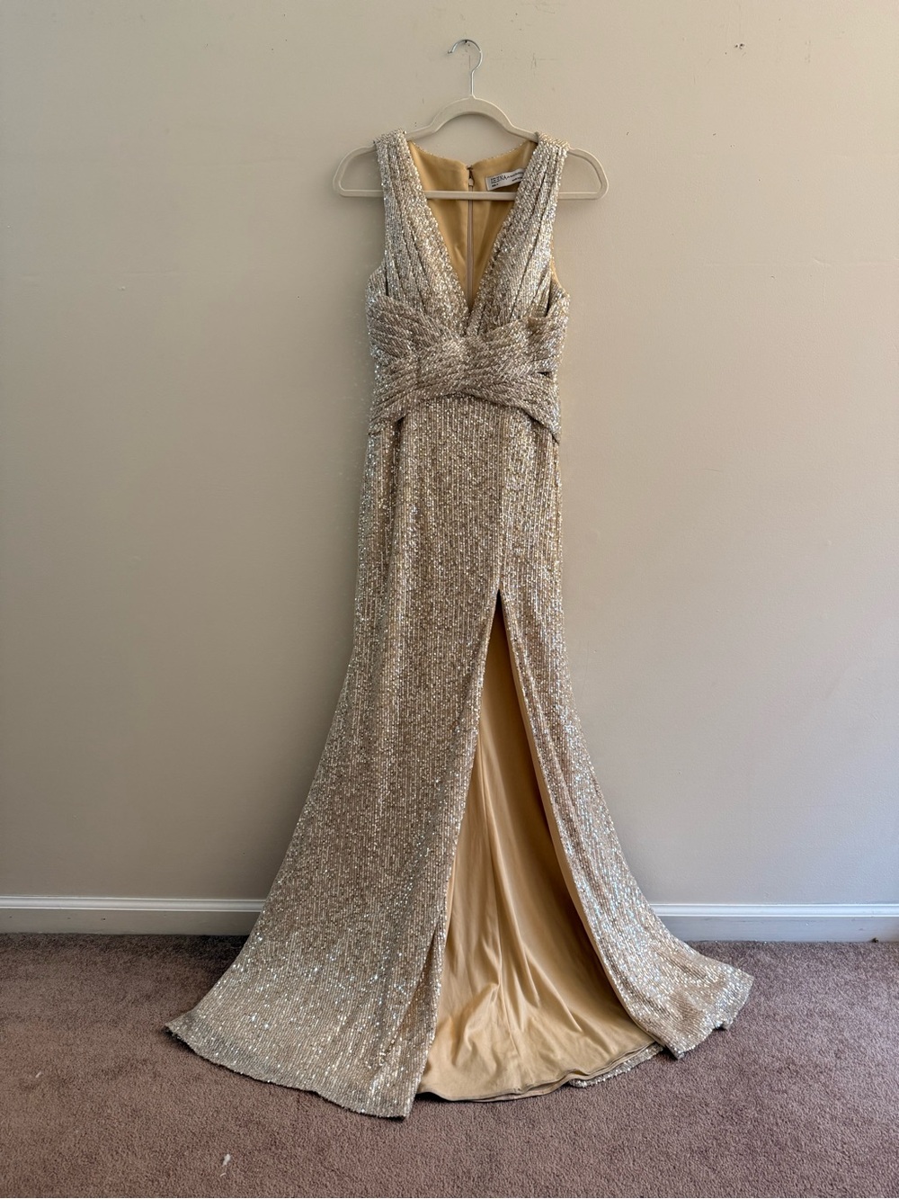 Mac Duggal Gold Sequin V-Neck Evening Gown with Front Slit